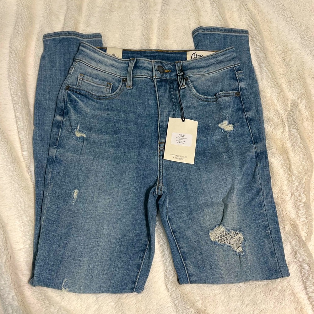 Cosmic Blue Love Distressed Skinny Jeans NWT